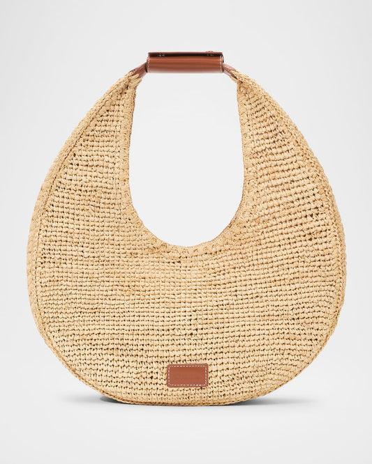 STAUD Moon Raffia & Leather Shoulder Bag