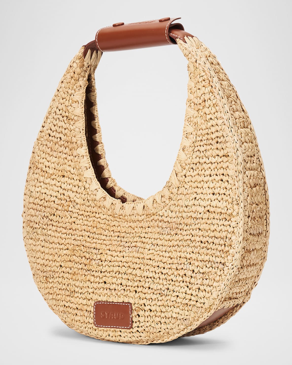 STAUD Moon Raffia & Leather Shoulder Bag